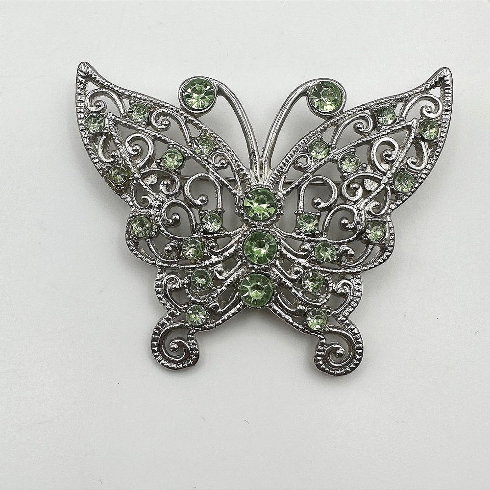 Vintage Y2K Silver Tone Green Rhinestone Filigree Butterfly Brooch Pin Jewelry